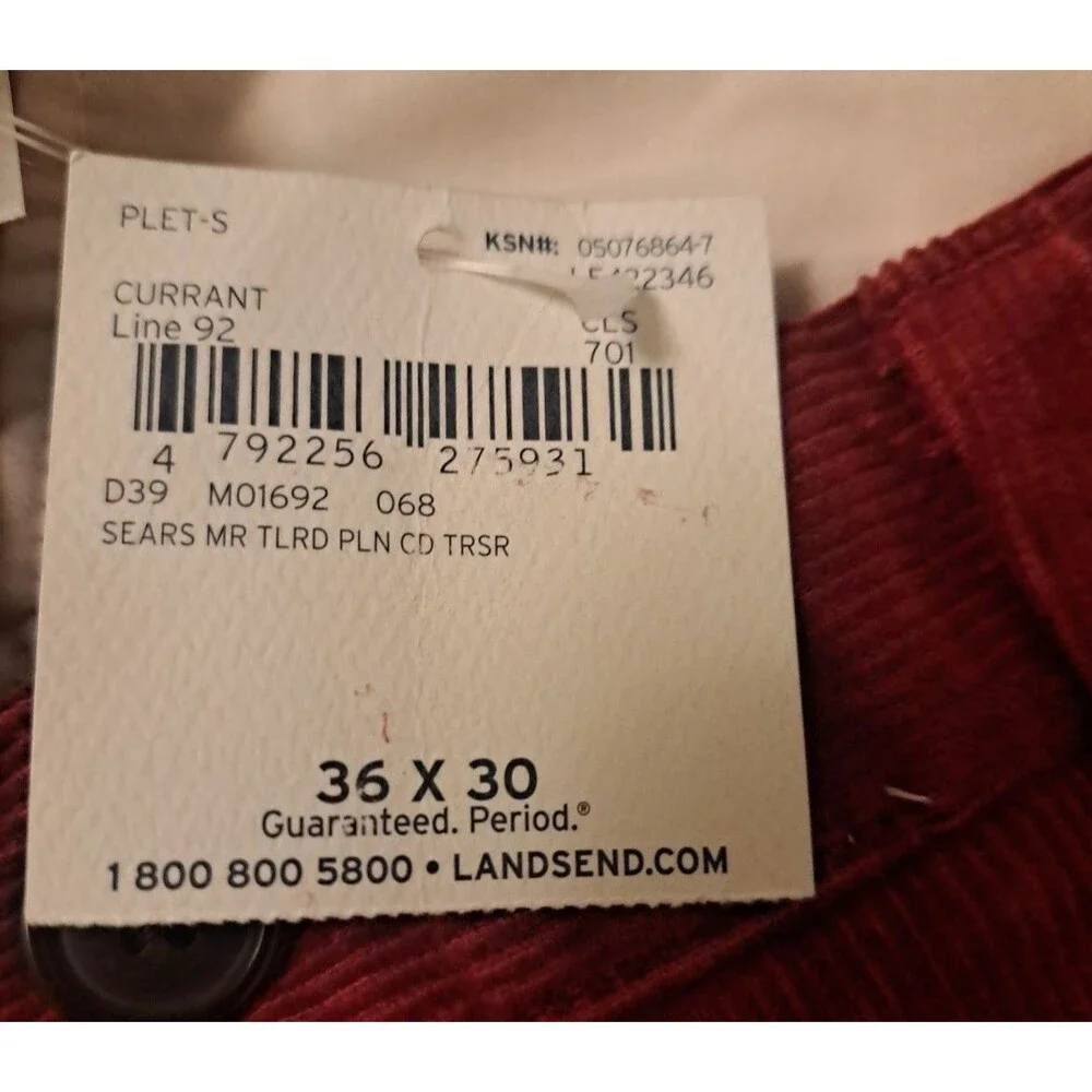 NEW Mens Lands End Corduroy Pants Currant Red 36x30 Tailored Fit Cotton Pleated